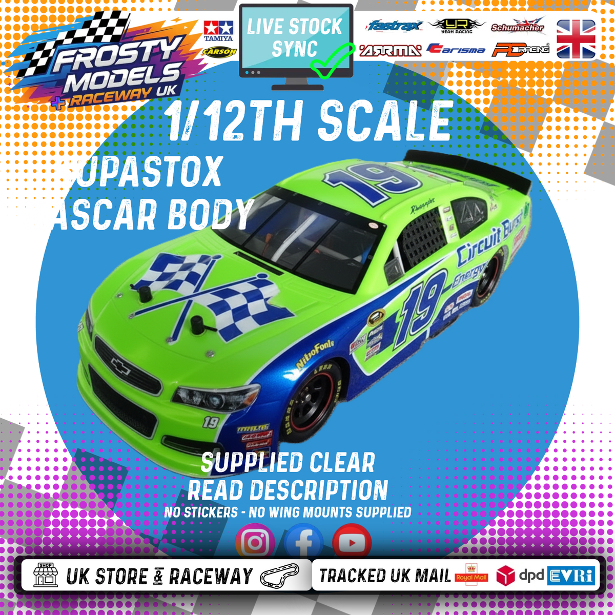 GT12 & 1/10 MTC Supastox NASCAR Body - Generic Chevy - Clear Lexan - Fits 1/12 Car 205mm & 210mm MTC Wheelbase / 164mm Wide (For NEW Frosty Raceway Oval)