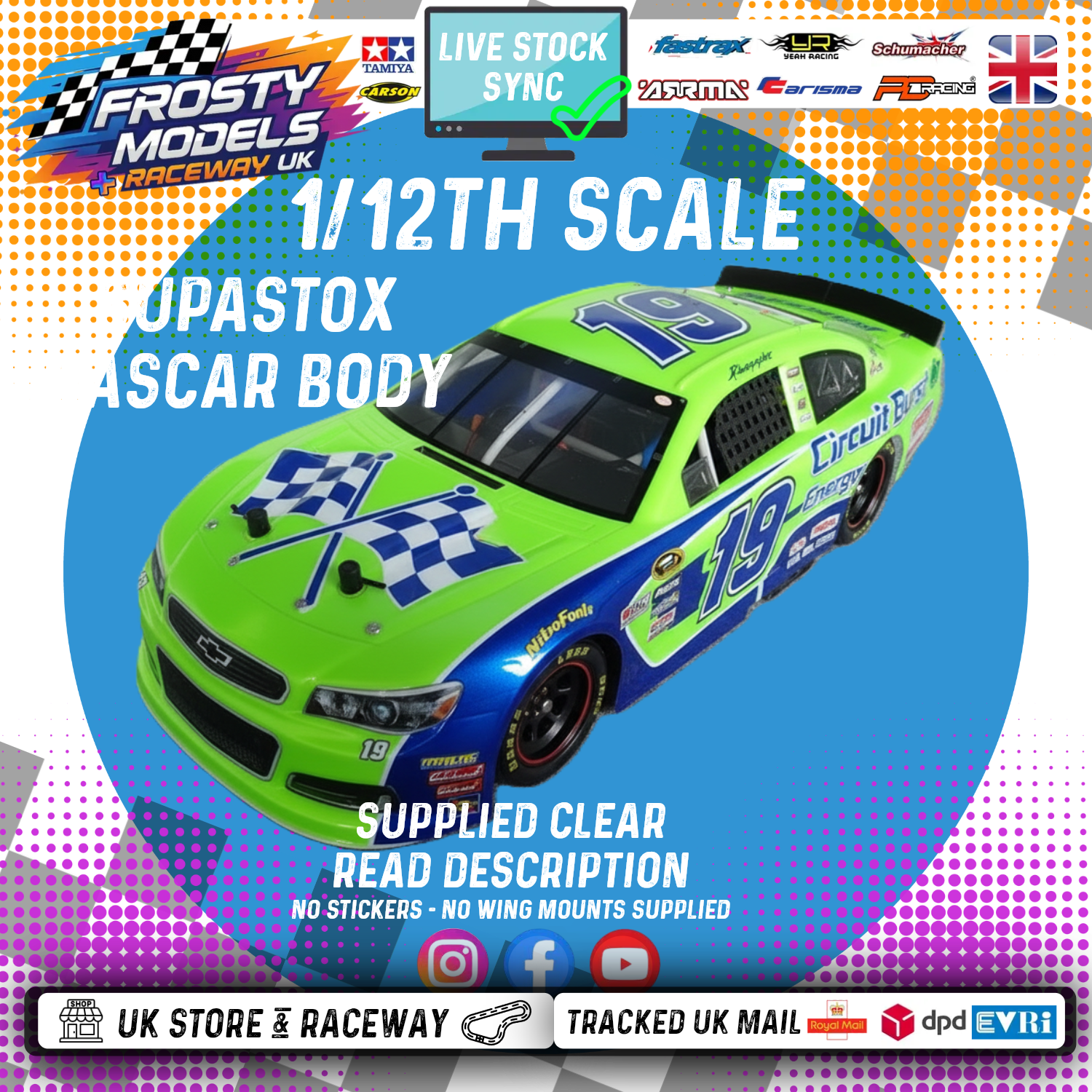 GT12 & 1/10 MTC Supastox NASCAR Body - Generic Chevy - Clear Lexan - Fits 1/12 Car 205mm & 210mm MTC Wheelbase / 164mm Wide (For NEW Frosty Raceway Oval)
