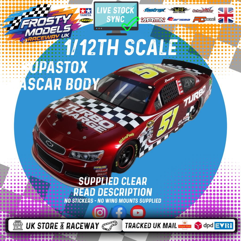 GT12 & 1/10 MTC Supastox NASCAR Body - Generic Chevy - Clear Lexan - Fits 1/12 Car 205mm & 210mm MTC Wheelbase / 164mm Wide (For NEW Frosty Raceway Oval)