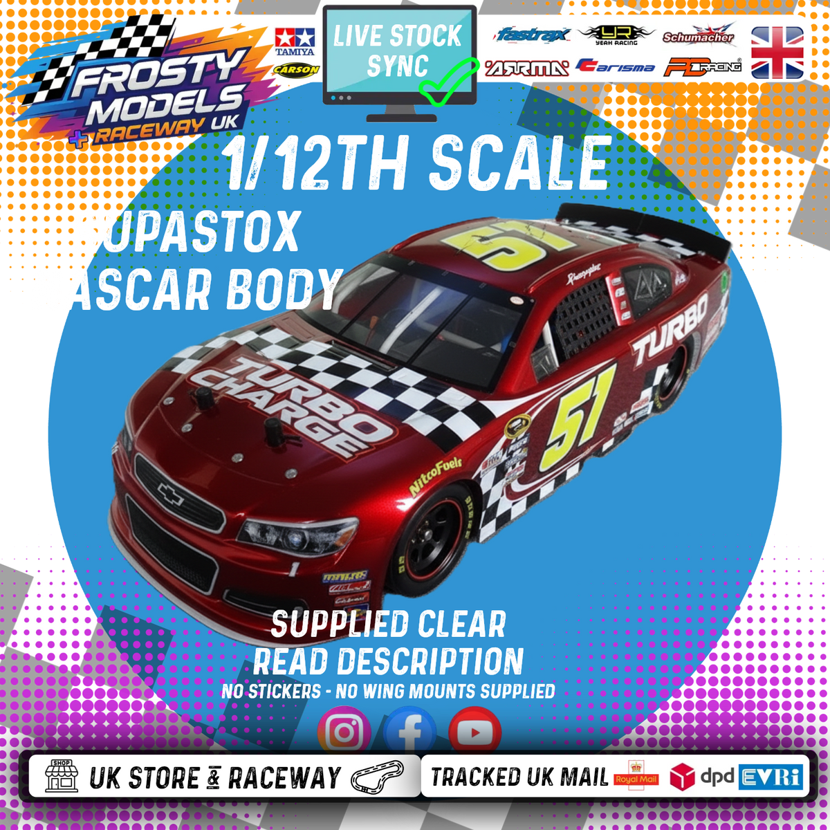 GT12 & 1/10 MTC Supastox NASCAR Body - Generic Chevy - Clear Lexan - Fits 1/12 Car 205mm & 210mm MTC Wheelbase / 164mm Wide (For NEW Frosty Raceway Oval)