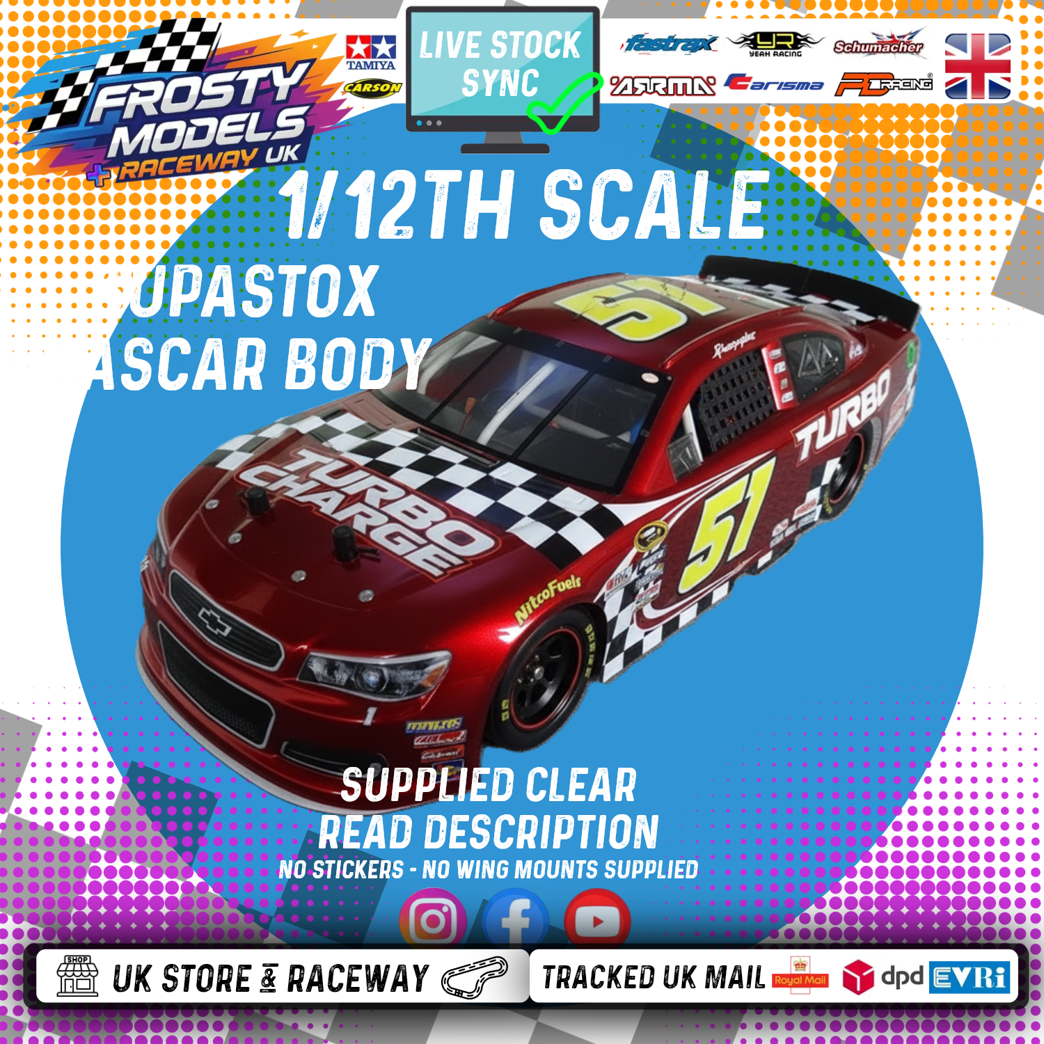 GT12 & 1/10 MTC Supastox NASCAR Body - Generic Chevy - Clear Lexan - Fits 1/12 Car 205mm & 210mm MTC Wheelbase / 164mm Wide (For NEW Frosty Raceway Oval)