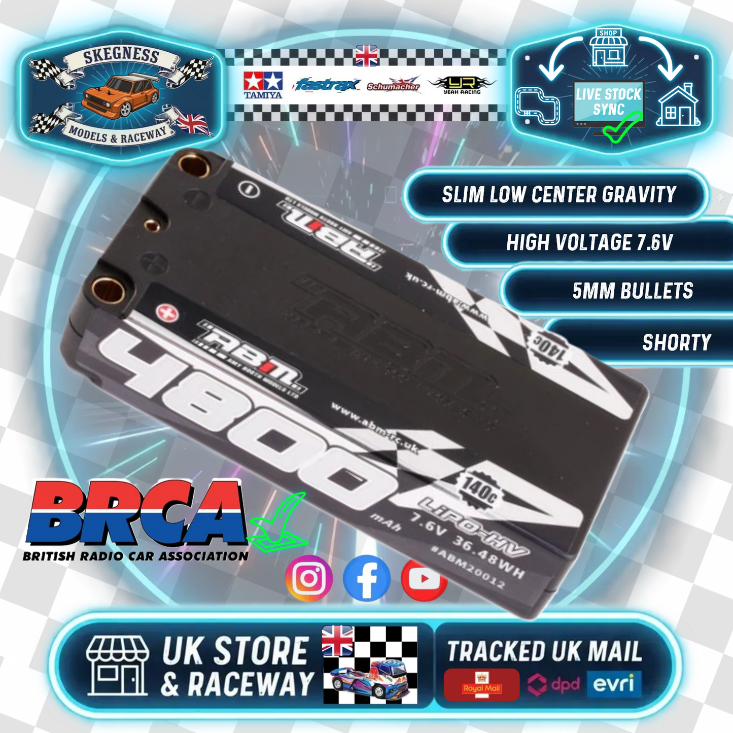 ABM - 4800mAh LCG SLIM Shorty 7.6v Lipo LiHV 140c (5mm Bullets) (L96.4xW46.5xH20mm) - ABM20012