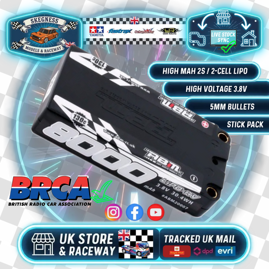 (SALE) ABM - 1S Lipo HV GT12 Car Battery 8000mah 3.8V 130C (5mm Bullets) (Shorty L92.5mm, W46.9mm, H18mm) BRCA Approved - ABM20007