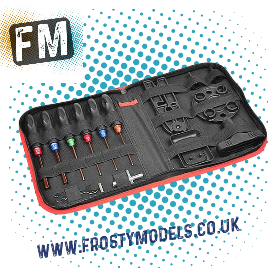 CORALLY 16PC CAR TOOL SET INC BAG - DRIVERS, PINION CADDY, BALL WRENCH, DIFF/SHOCK HOLDER, SHOCK PLIER