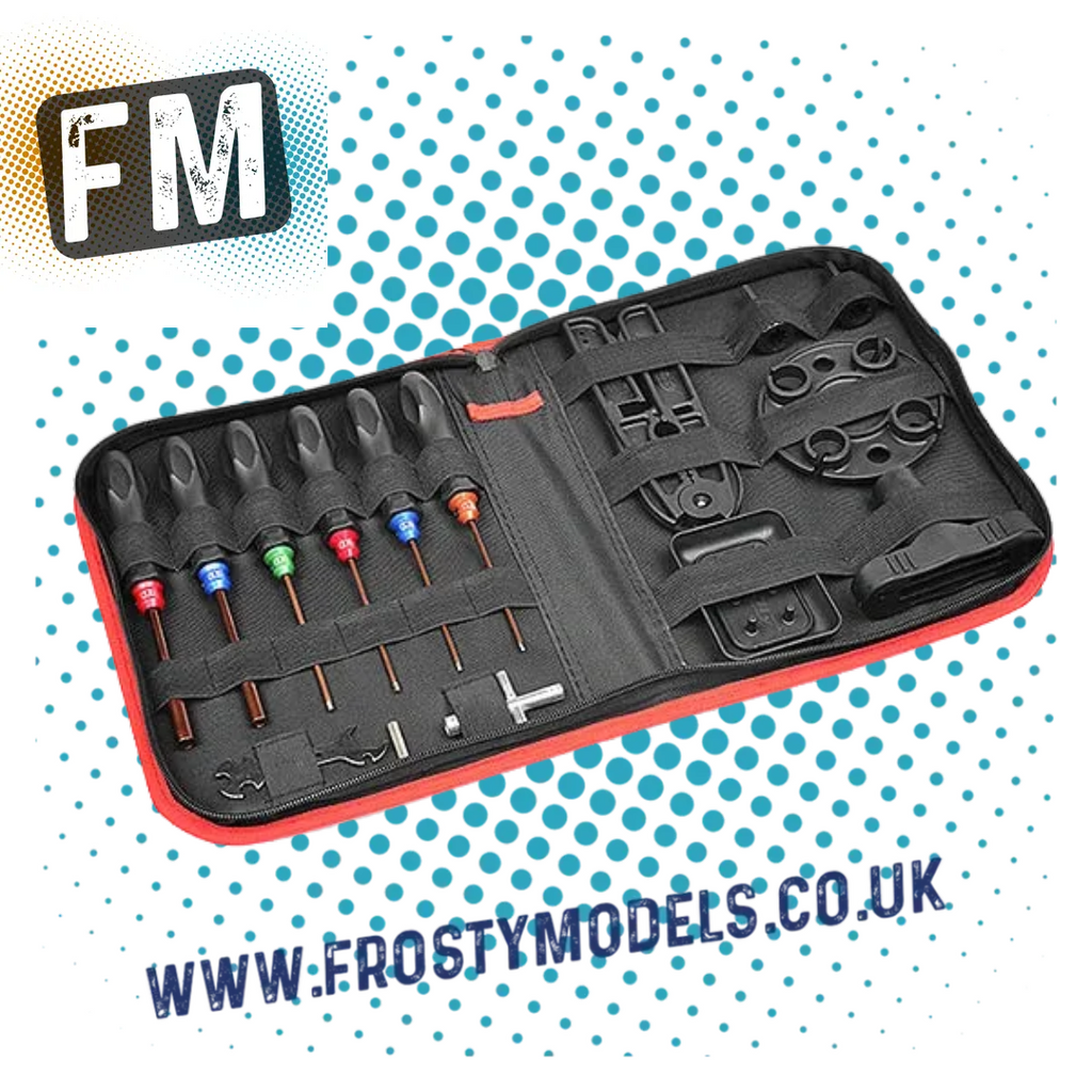 CORALLY 16PC CAR TOOL SET INC BAG - DRIVERS, PINION CADDY, BALL WRENCH, DIFF/SHOCK HOLDER, SHOCK PLIER