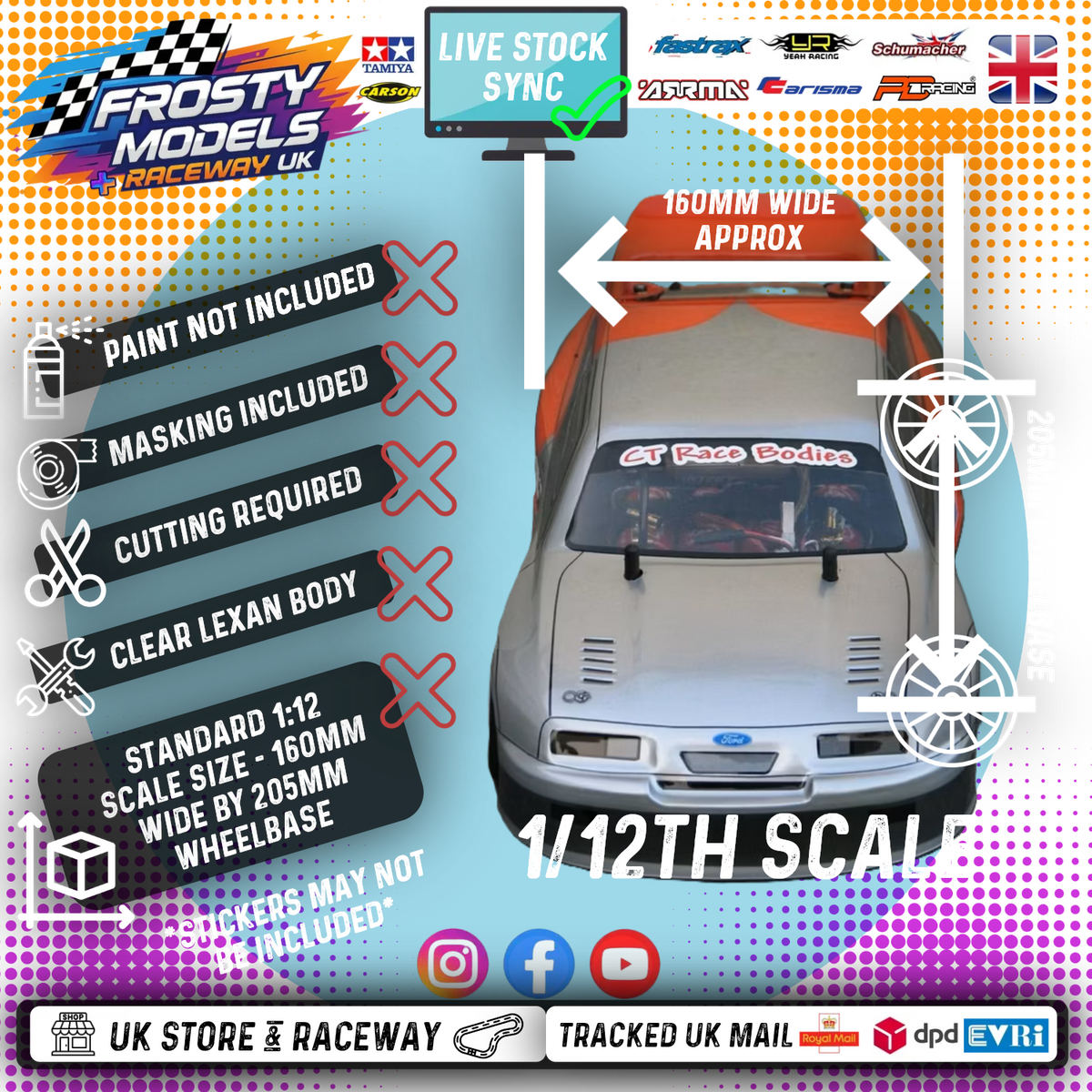 GT12 & 1/10 MTC Supastox NASCAR Body - Generic Chevy - Clear Lexan - Fits 1/12 Car 205mm & 210mm MTC Wheelbase / 164mm Wide (For NEW Frosty Raceway Oval)