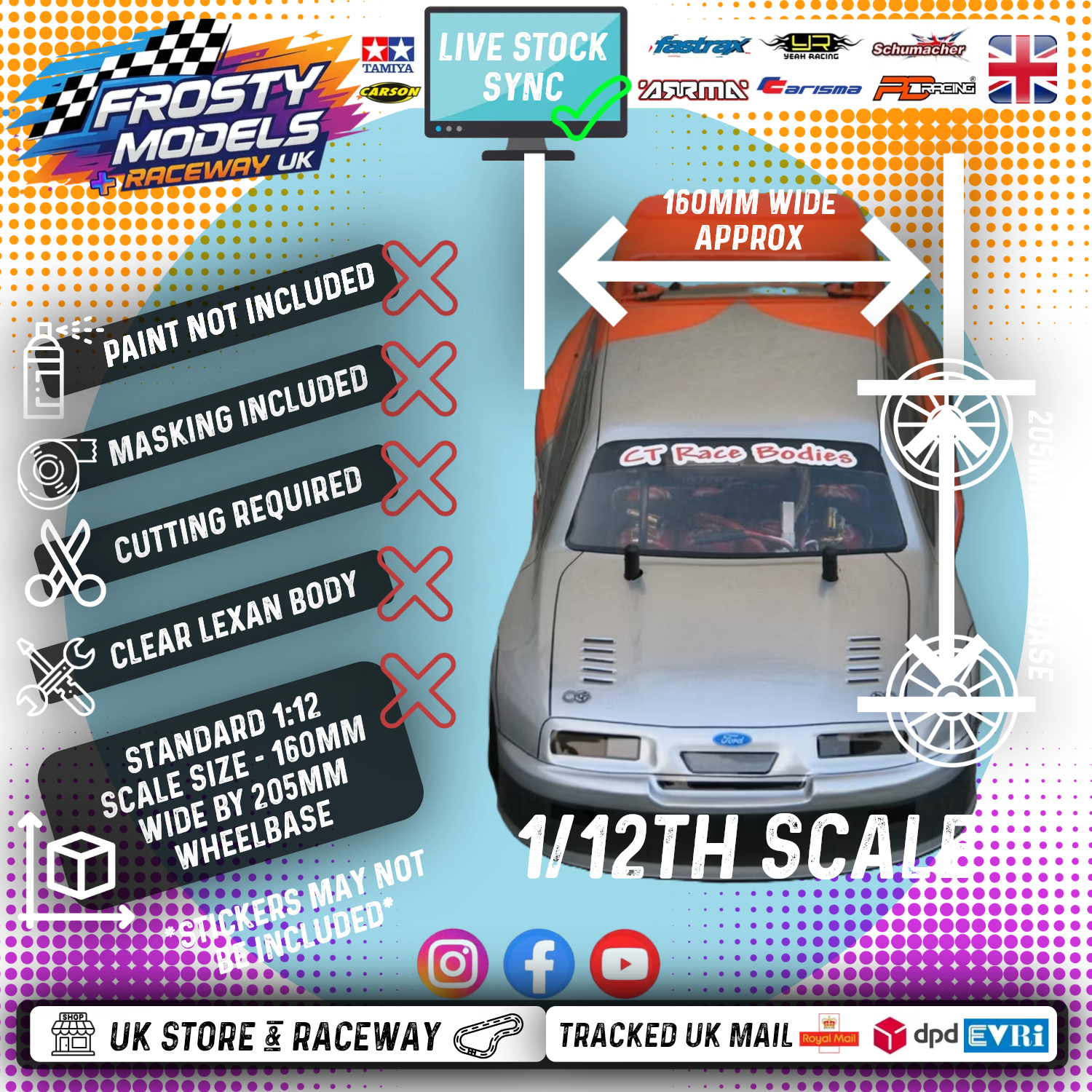 GT12 & 1/10 MTC Supastox NASCAR Body - Generic Chevy - Clear Lexan - Fits 1/12 Car 205mm & 210mm MTC Wheelbase / 164mm Wide (For NEW Frosty Raceway Oval)