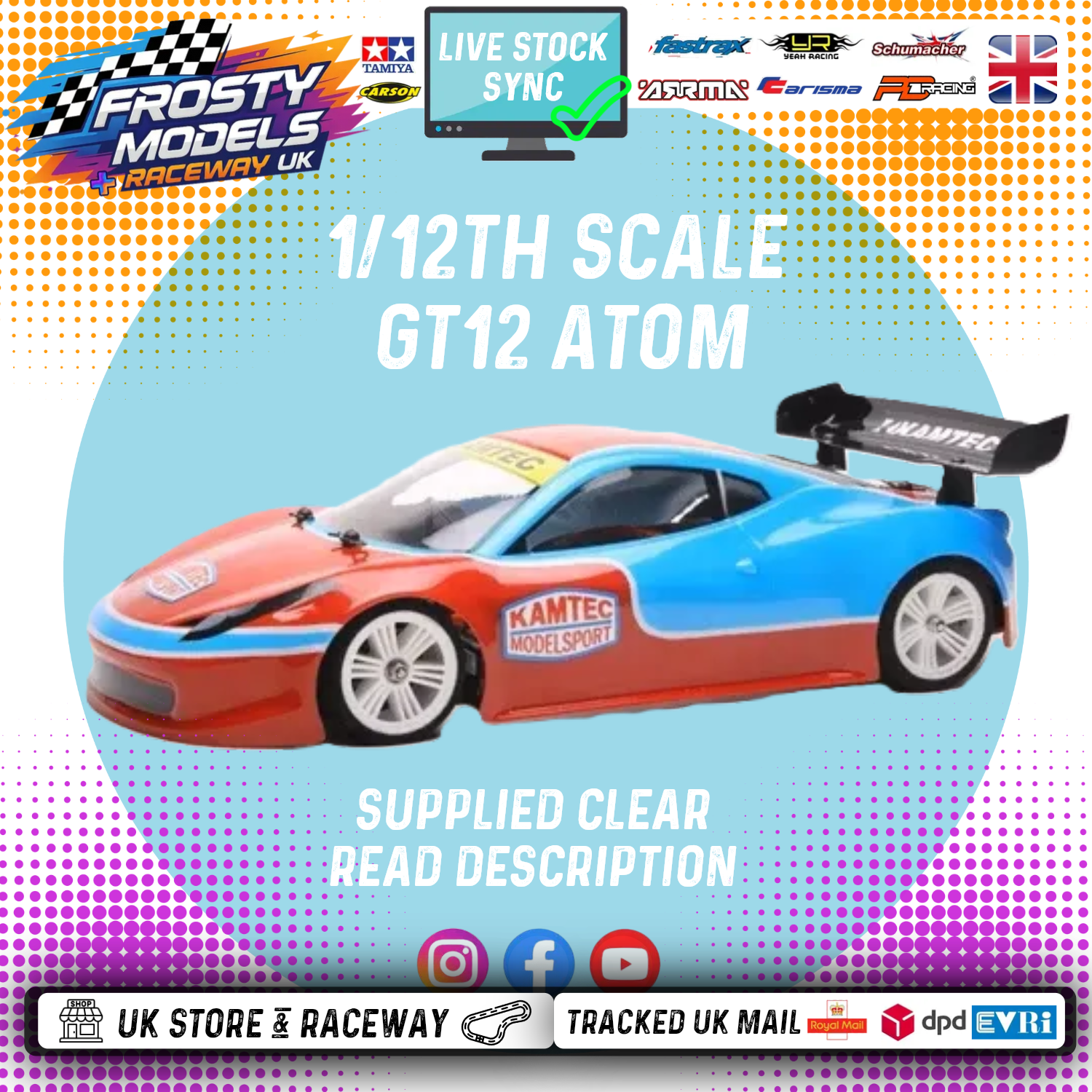 GT12 Atom Body - Ferrari 458 - Clear Lexan - Fits 1/12 Car 201mm Wheelbase / 164mm Wide