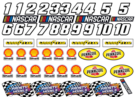 Frosty Models Raceway - Nascar Sticker Set Numbers & Promo (A5 Sheet) White Backing