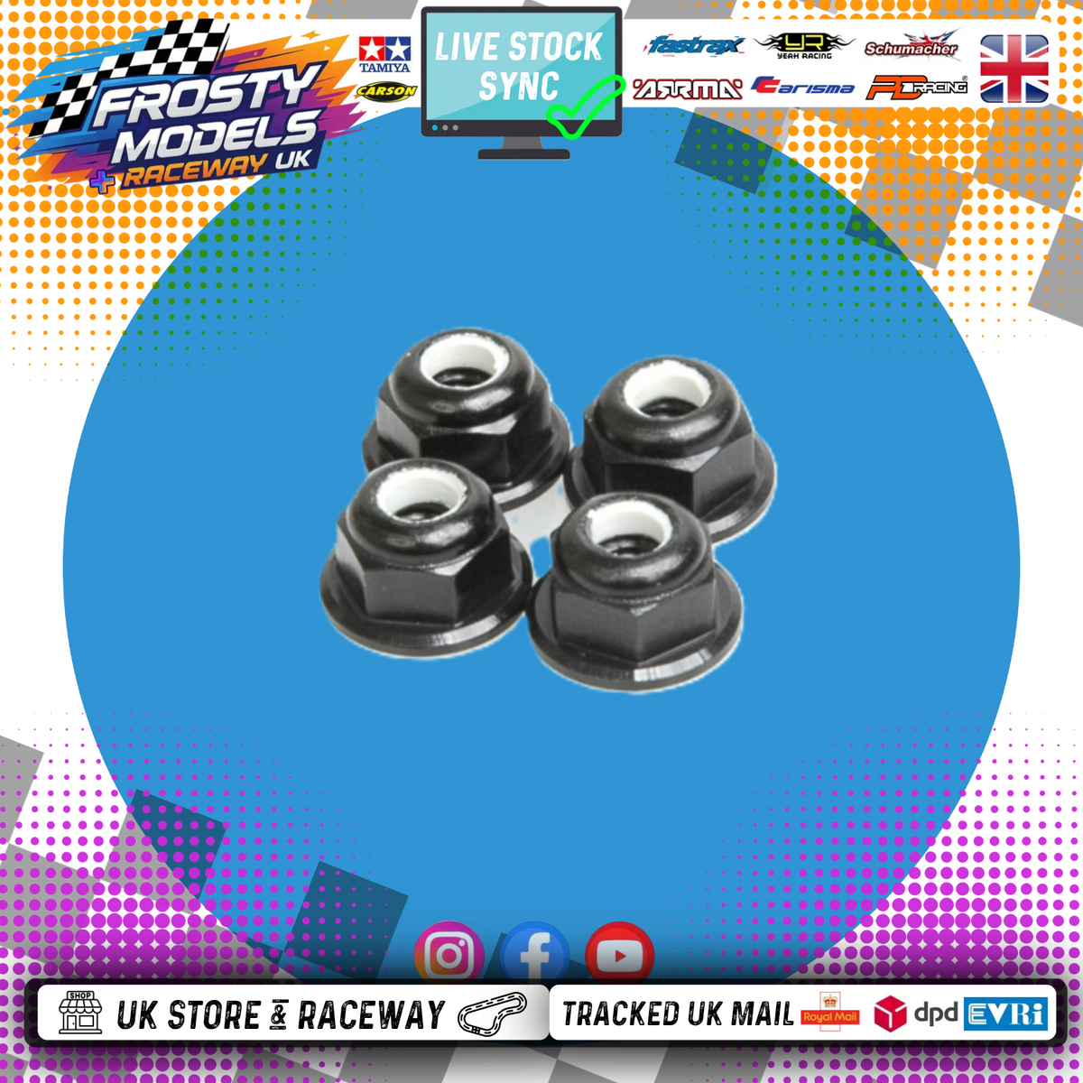 Schumacher - M4 1/10 WHEEL NUTS (7mm Socket) - BLACK FLANGED LOCKNUTS (4PC) U2812