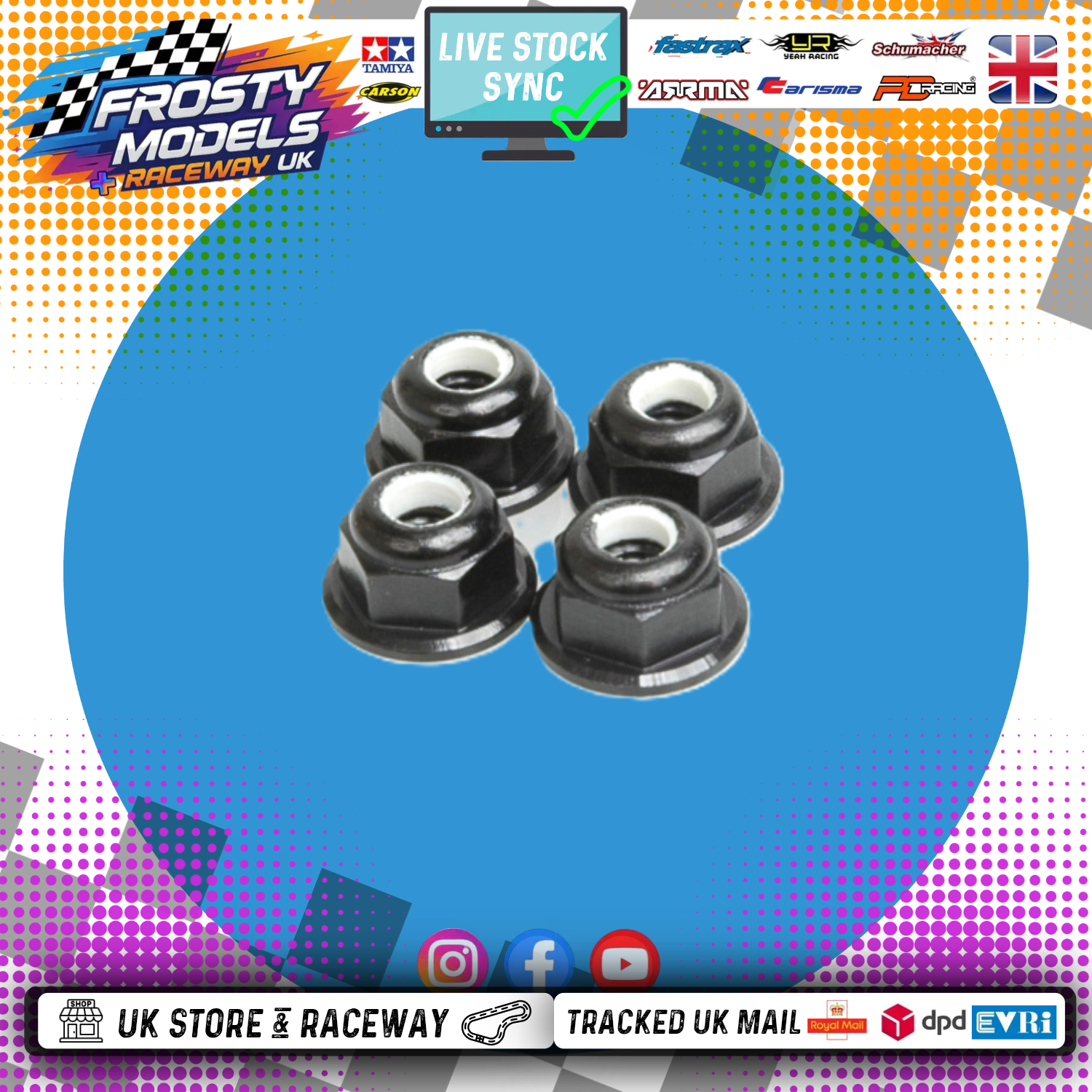 Schumacher - M4 1/10 WHEEL NUTS (7mm Socket) - BLACK FLANGED LOCKNUTS (4PC) U2812