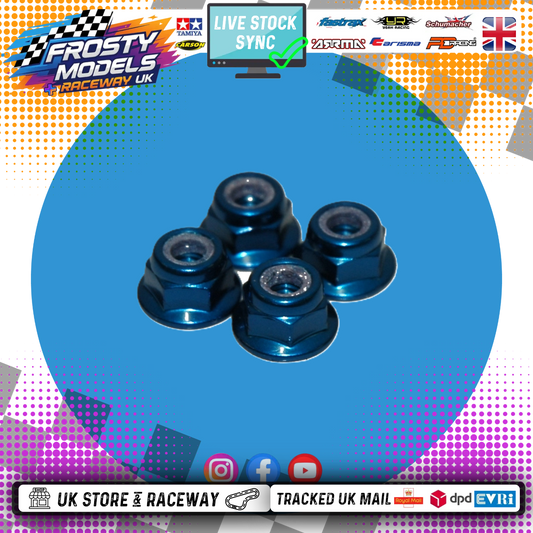 Schumacher - M4 1/10 WHEEL NUTS (7mm Socket) - Blue FLANGED LOCKNUTS (4PC) U2811