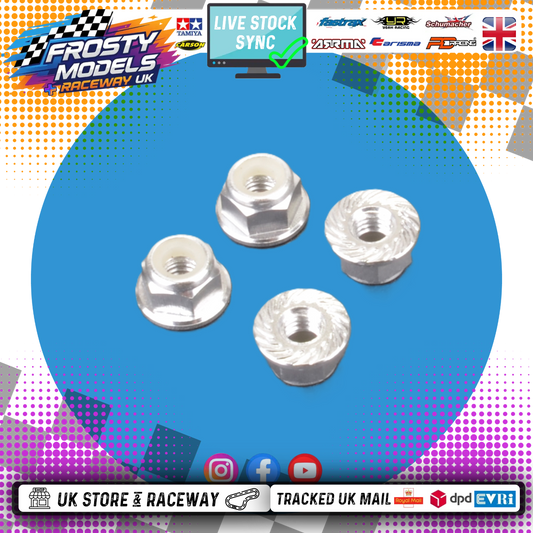 MK - M4 1/10 WHEEL NUTS (7mm Socket) - Silver FLANGED & Serrated LOCKNUTS (4PC) MK5485S