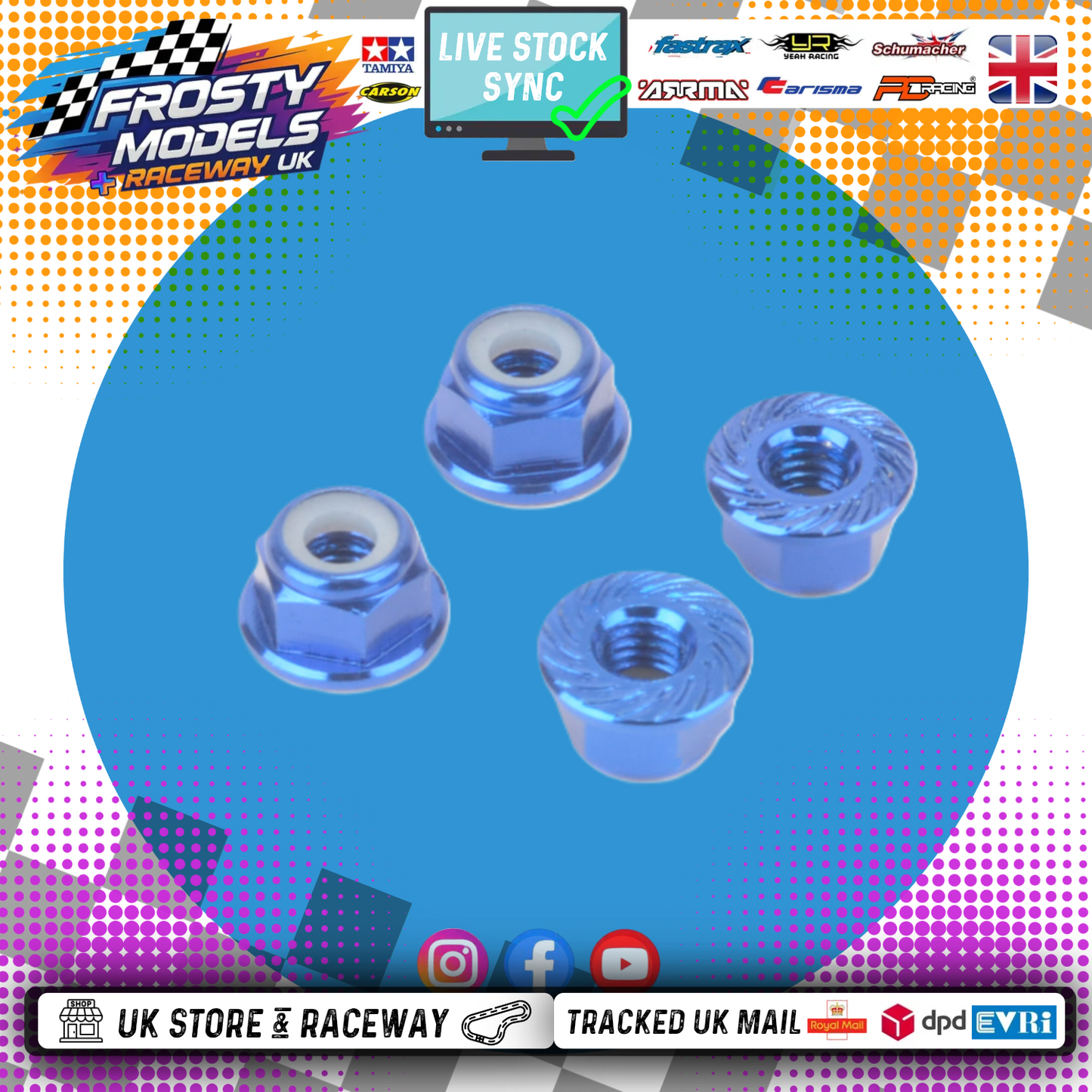 MK - M4 1/10 WHEEL NUTS (7mm Socket) - Blue FLANGED & Serrated LOCKNUTS (4PC) MK5485BL