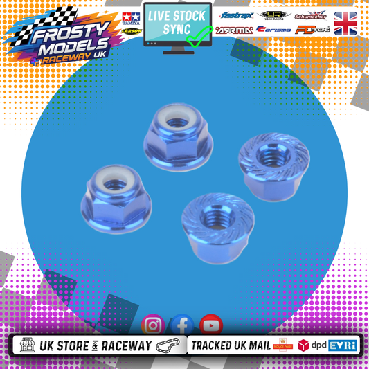 MK - M4 1/10 WHEEL NUTS (7mm Socket) - Blue FLANGED & Serrated LOCKNUTS (4PC) MK5485BL