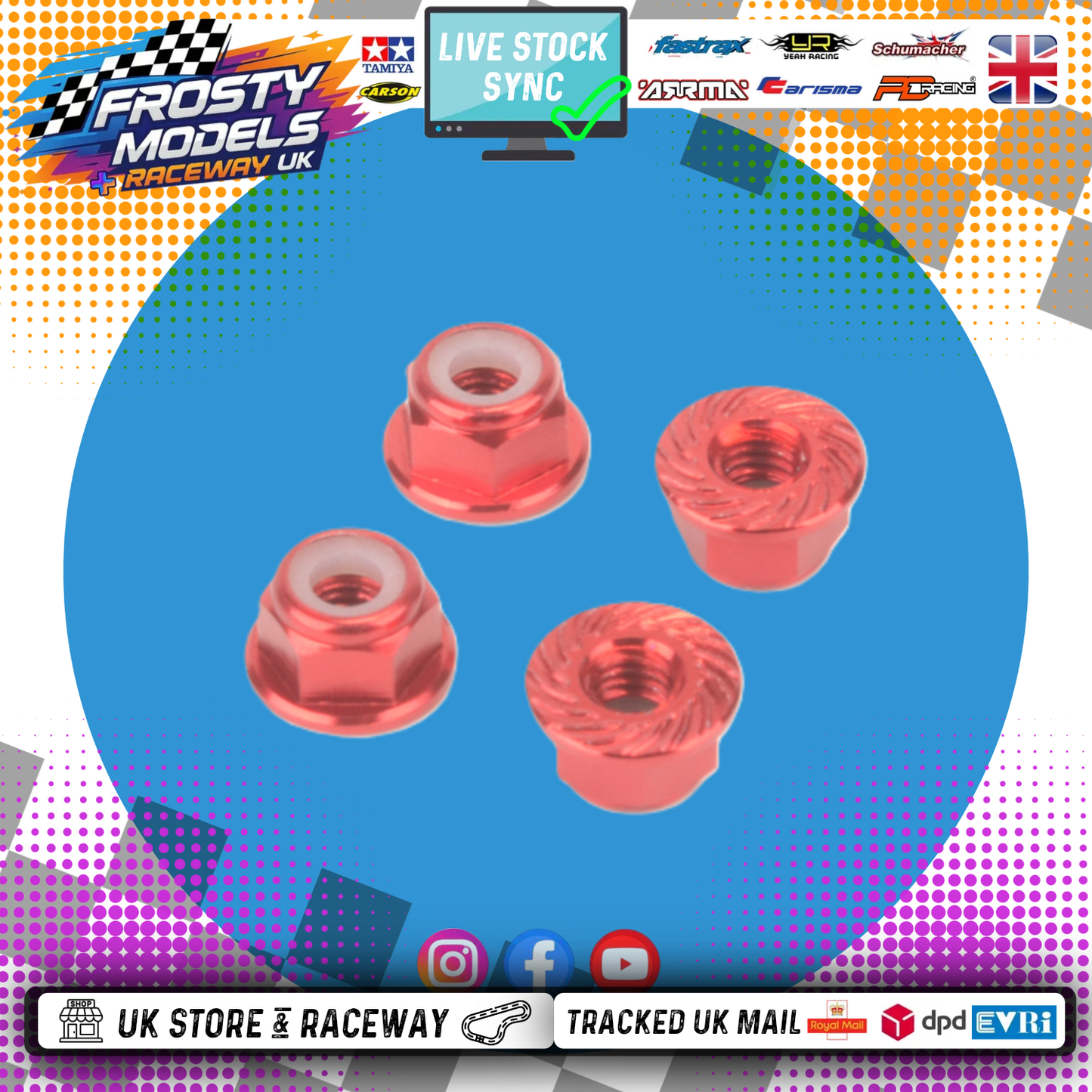 MK - M4 1/10 WHEEL NUTS (7mm Socket) - Red FLANGED & Serrated LOCKNUTS (4PC) MK5485R