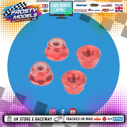 MK - M4 1/10 WHEEL NUTS (7mm Socket) - Red FLANGED & Serrated LOCKNUTS (4PC) MK5485R