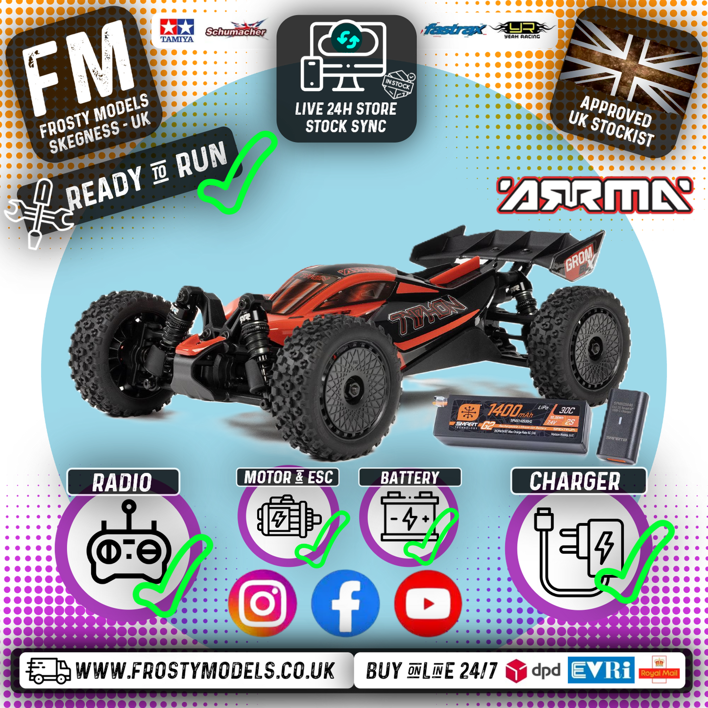 ARRMA - 1/14 TYPHON GROM 2S to 3S BUGGY BRUSHLESS BLX 4X4 RC RTR w/ Battery & Charger (RED) - C-ARA2306ST1