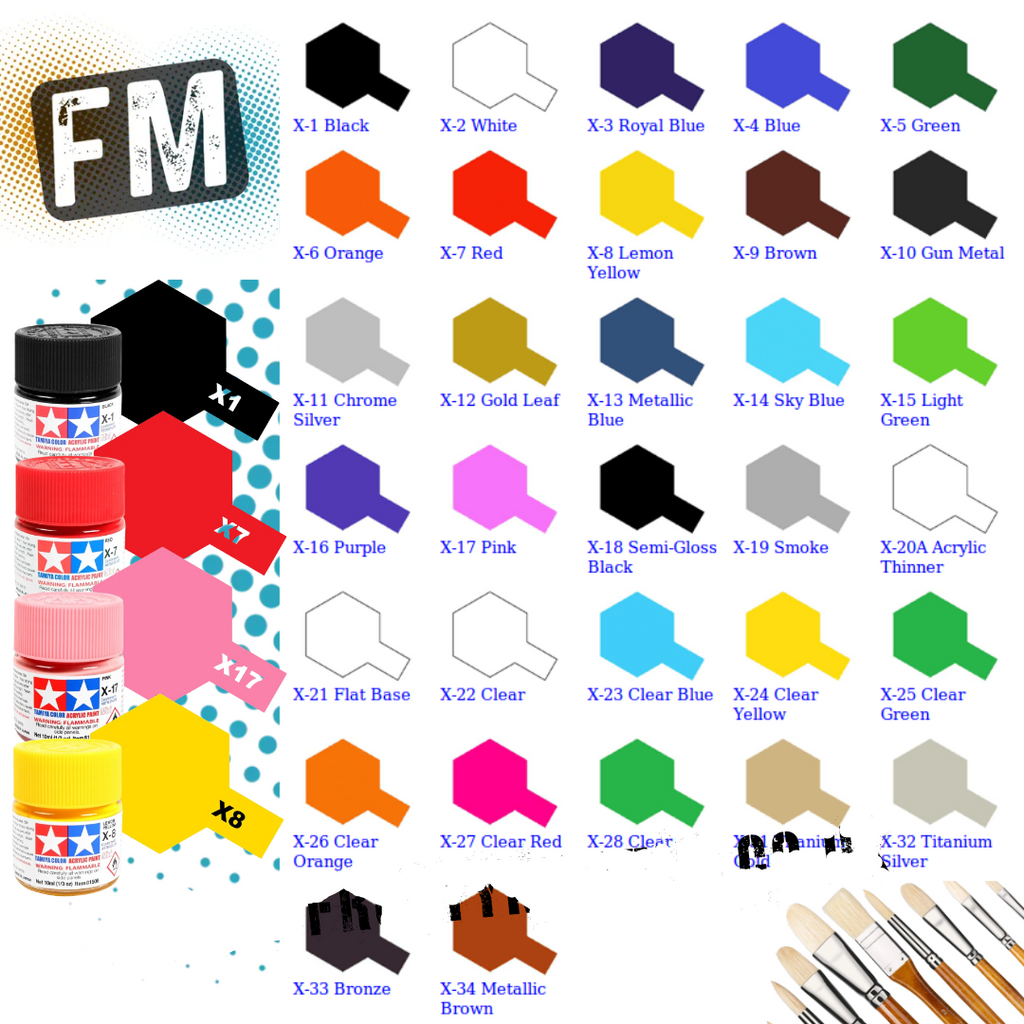 TAMIYA - X ACRYLIC GLOSS HAND/AIRBRUSH PAINT (10ML) X1 TO X34 ALL COLOURS LISTING