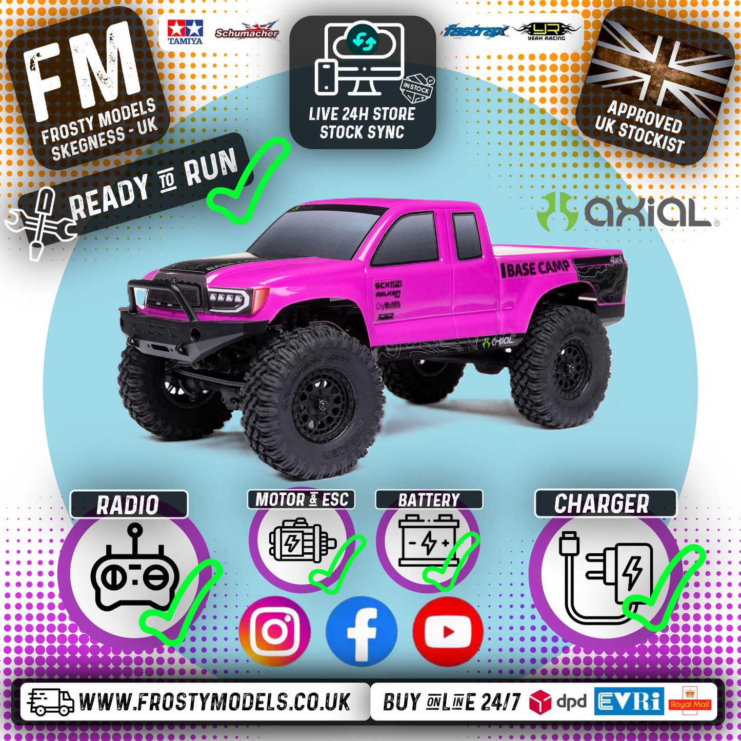 Axial - 1/24 SCX24 Base Camp 4WD Rock Crawler RTR w/Battery, Charger & Radio Set - Pink - C-AXI-1219T3