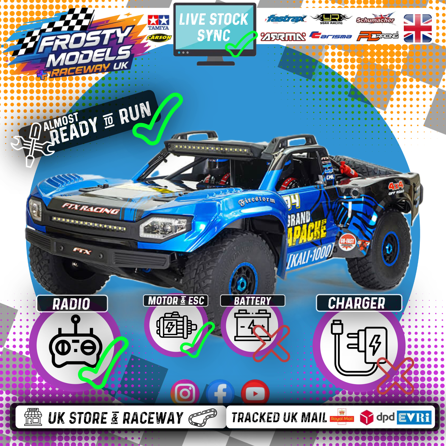 FTX - GRAND APACHE 1/7 BRUSHLESS 8S TROPHY TRUCK - BLUE (RTR Just add Battery & Charger) FTX5489B