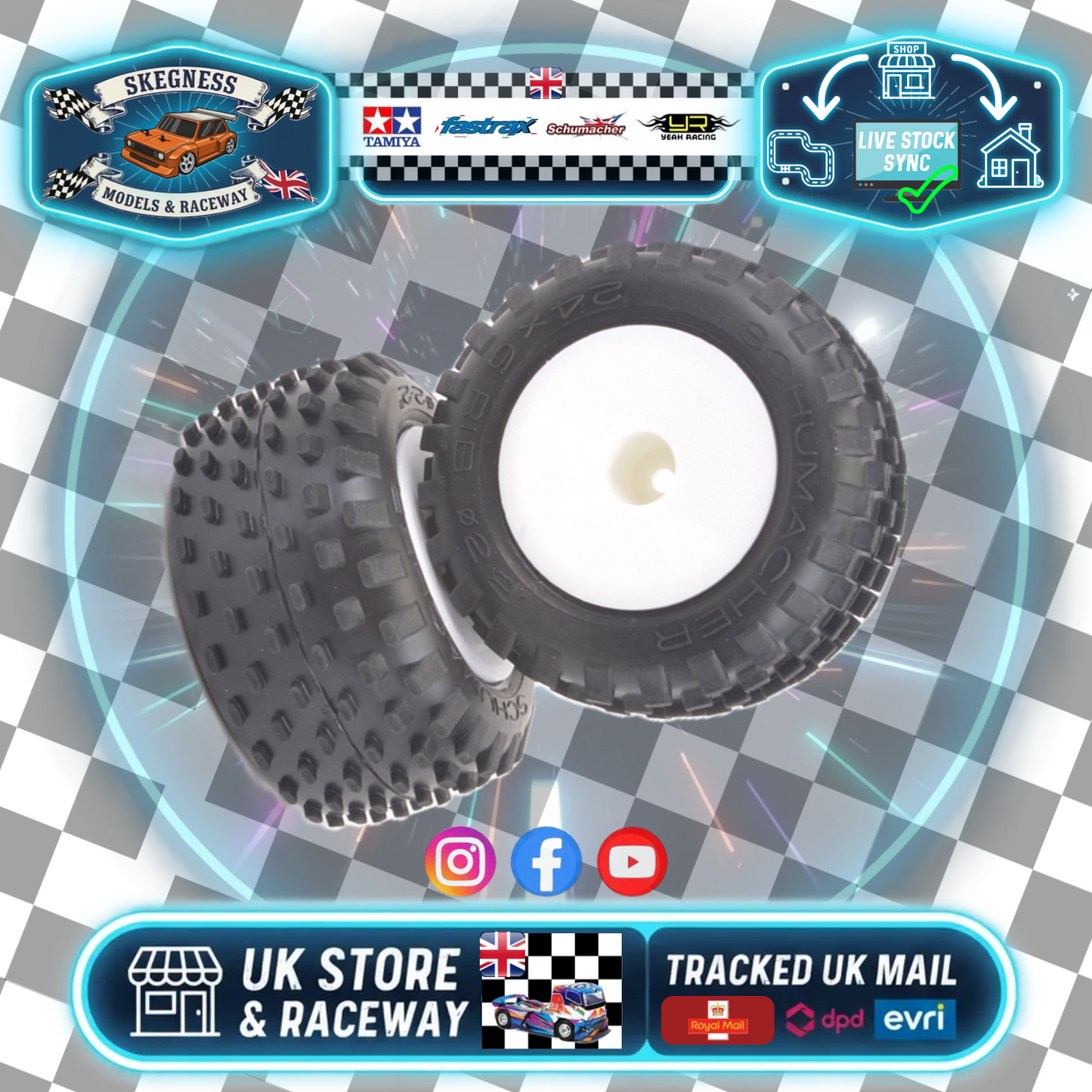 Schumacher - Truggy Stagger Rib (Yellow Grade) Truck Tyres - Pre-Glued Wheels (2pcs) - U6877 (opened packet)