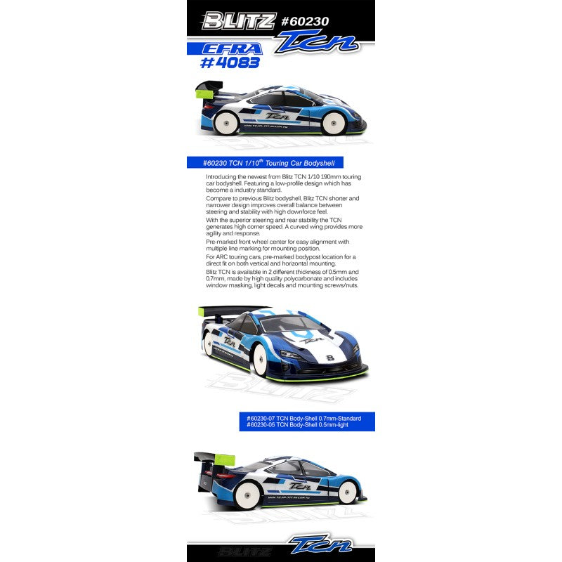 BLITZ -  TCN 190mm 0.7 STD Thickness - 1/10 Clean Lexan Touring Car Race Body - 60230-07