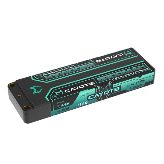 CAYOTE - LiPo 6300mAhHV Stick 7.6v 2S - Low Profile, 18.4mm Thick, 226g, 5mm Bullets - CA632S145