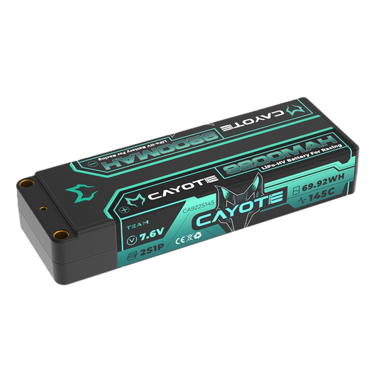 CAYOTE - LiPo 9200mAhHV Stick 7.6v 2S - High Capacity, 24.9mm Thick, 319g, 5mm Bullets - CA922S145