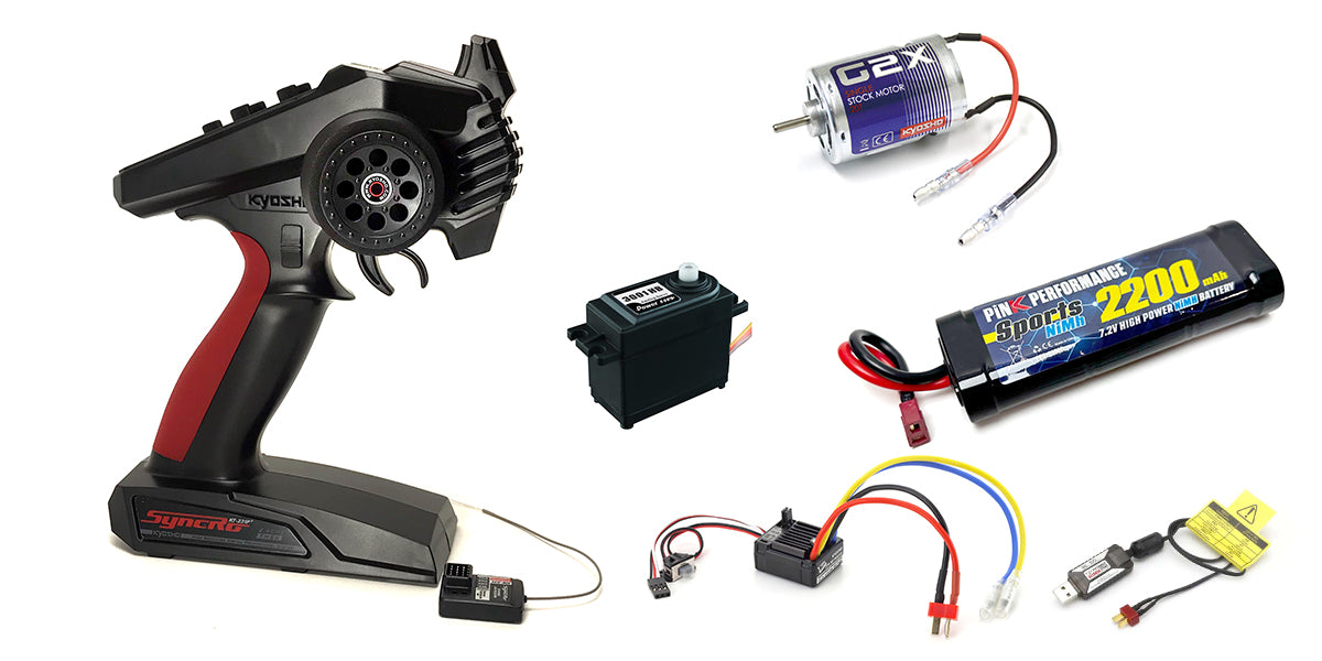 Kyosho - RC Car/Buggy Combo Starter Set 1/10 - Radio, Battery, Charger, Motor, Servo & ESC - (KT231-70703-82245B-HD3001-Batt-Charg)
