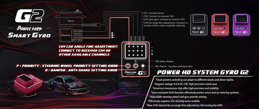 Power HD - Drift 1/10 RC Gyro G2 Drift Dual System 4CH Black - HD-G2