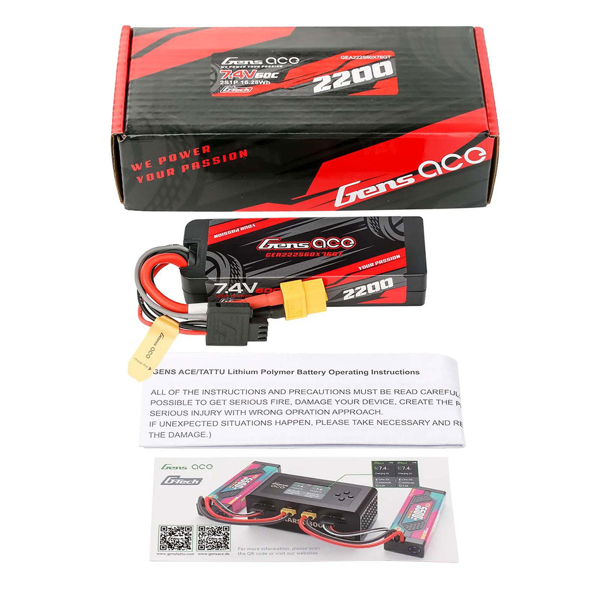 GensAce - G-Tech Hard Case 2S 7.4V 2200mah 60C (XT60) 92.8x31.8x17.6mm 109g - GE1-1800-3X6GT (Fits 1/12 UDI GLEAM & SIERRA & Arrma Grom)