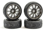 FASTRAX (4PC) 1/10 RC CAR STREET/TREAD 20SPOKE GUN METAL WHEEL & TIRE/TYRE SET (12MM HEX) FAST0077GM