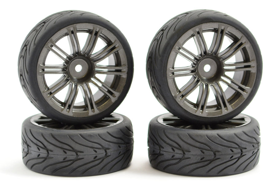 FASTRAX (4PC) 1/10 RC CAR STREET/TREAD 20SPOKE GUN METAL WHEEL & TIRE/TYRE SET (12MM HEX) FAST0077GM