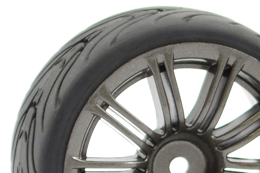 FASTRAX (4PC) 1/10 RC CAR STREET/TREAD 20SPOKE GUN METAL WHEEL & TIRE/TYRE SET (12MM HEX) FAST0077GM
