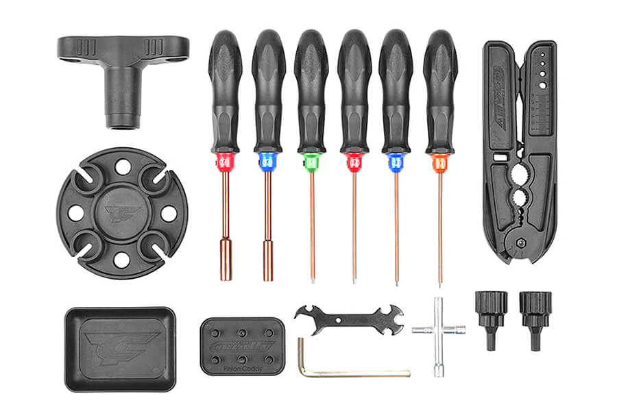 CORALLY 16PC CAR TOOL SET INC BAG - DRIVERS, PINION CADDY, BALL WRENCH, DIFF/SHOCK HOLDER, SHOCK PLIER