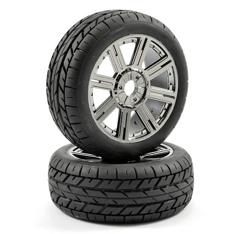 FASTRAX R/C PRODUCTS - FASTRAX 1:8EAGLE TREAD MOUNTED
ON 8-SPOKE BLACK CHROME (PR) - FAST1015BC