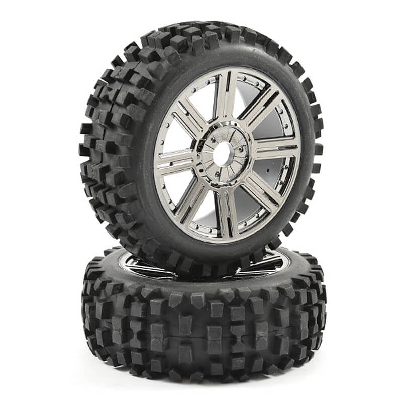 FASTRAX R/C PRODUCTS - FASTRAX 1:8 ROCK BLOCK MOUNTED
ON 8-SPOKE BLACK CHROME (PR) - FAST1001BC