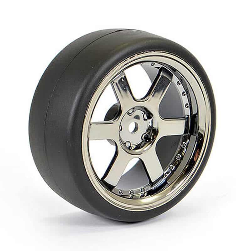 FASTRAX R/C PRODUCTS - FASTRAX 1/10 (4) DRIFT D1 TYRE
w/3MM 6-SPOKE WHEEL- BK CHROME - FAST1350BC-D13