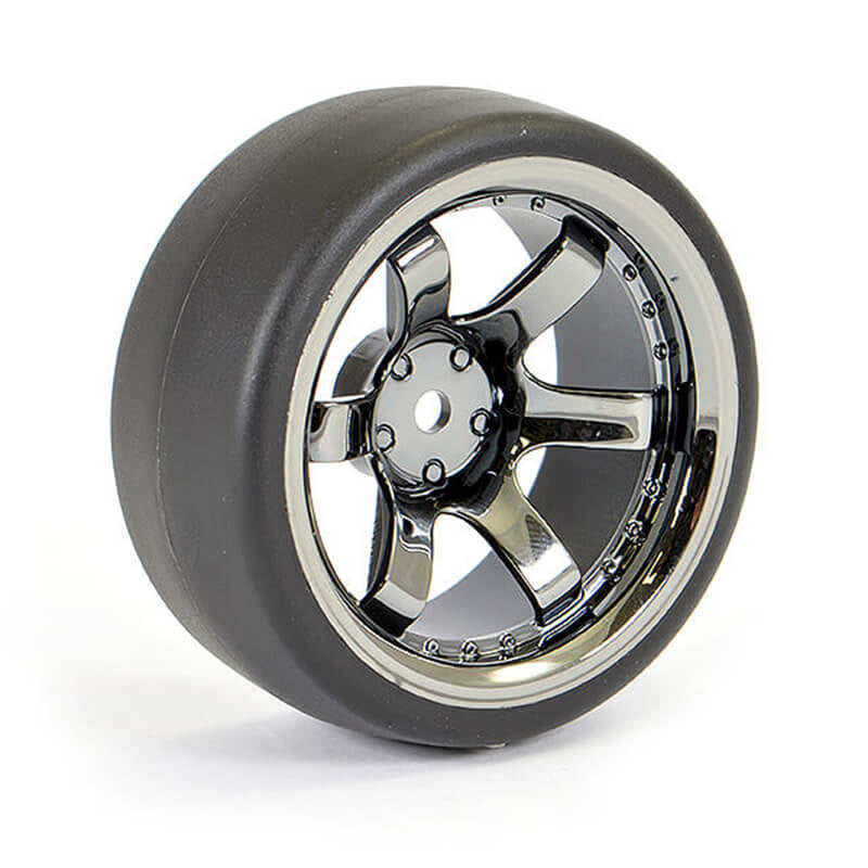 FASTRAX R/C PRODUCTS - FASTRAX 1/10 (4) DRIFT D1 TYRE
w/9MM 6-SPOKE WHEEL- BK CHROME - FAST1350BC-D19