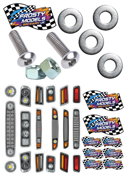 Generic Light & Grills, Mini 1/12th Bodies Assortment Stickers + Spoiler Wing Mounting Hardware (M3 Nuts, Bolts & Washers) (Free when you add a 1/12th Mini GT Body to Cart first)