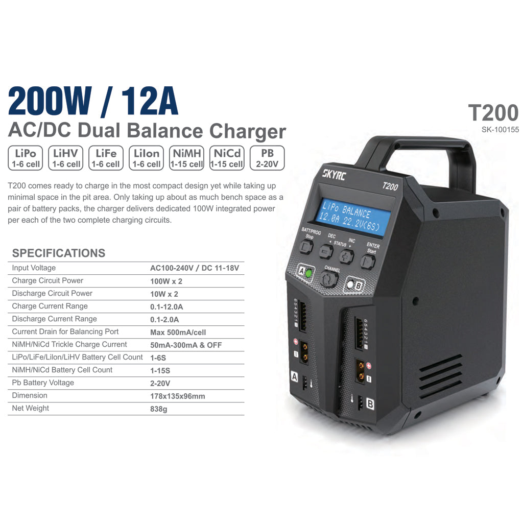 SKY RC - T200 AC/DC 12A PRO DUAL CHARGER LiPo/LiIon/LiFe/LiHV - SK-100155-04