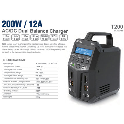 SKY RC - T200 AC/DC 12A PRO DUAL CHARGER LiPo/LiIon/LiFe/LiHV - SK-100155-04