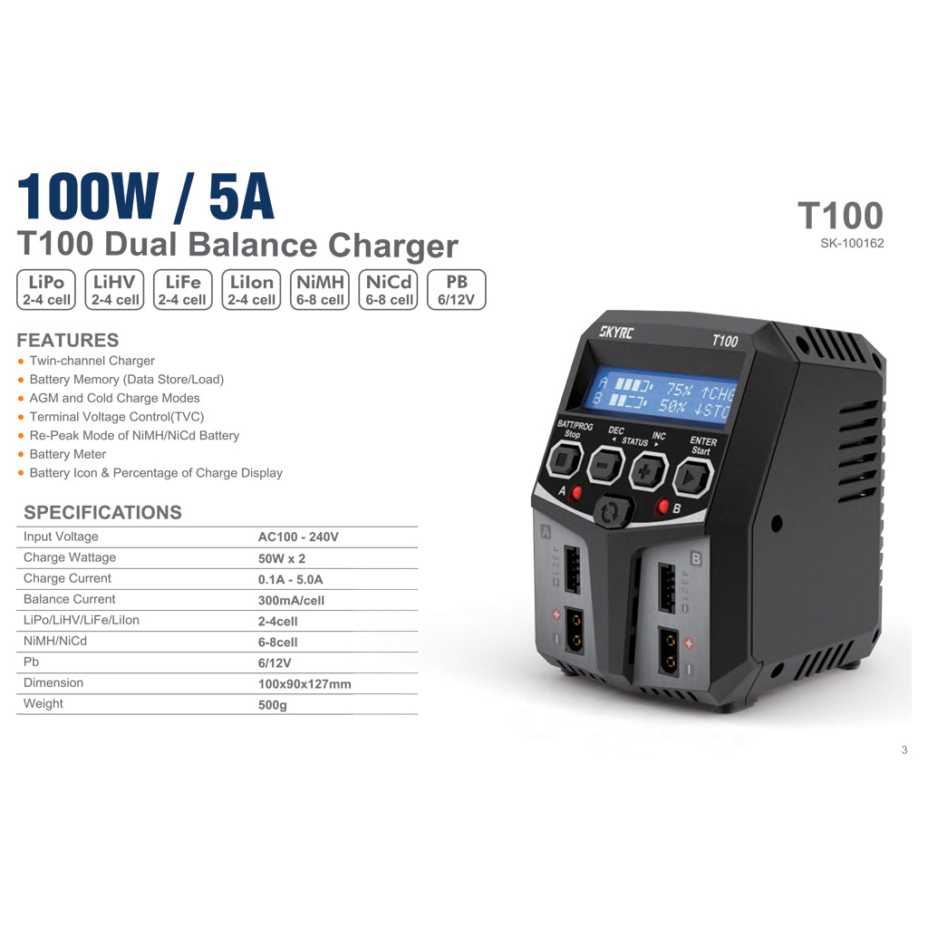 SKY RC - T100 DUAL 5A 2-4S LiPo/LiIon/LiFe/LiHV/NiMh BATTERY CHARGER AC/DC - SK-100162 (2x XT60 Charge Leads Required)
