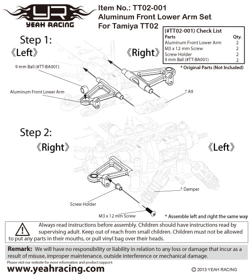 YEAH RACING - Aluminum Front Lower Arm Set For Tamiya TT02 - T02-001BU