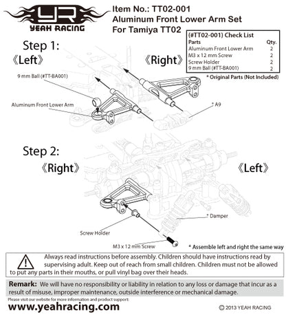 YEAH RACING - Aluminum Front Lower Arm Set For Tamiya TT02 - T02-001BU