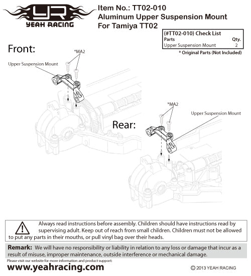 YEAH RACING - Aluminum Upper Suspension Mount For Tamiya TT02 - TT02-010BU