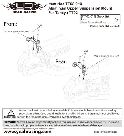 YEAH RACING - Aluminum Upper Suspension Mount For Tamiya TT02 - TT02-010BU