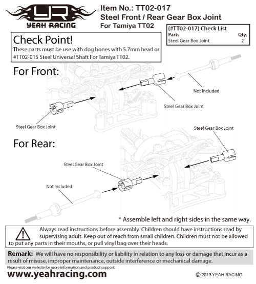 YEAH RACING - Steel Front / Rear Unit Cup Joint For Tamiya TT02 - TT02-017 (use with steel universal driveshafts)