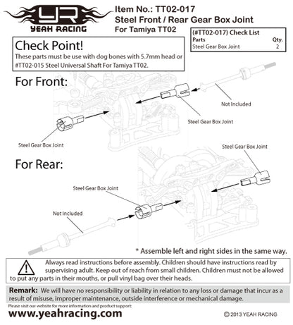 YEAH RACING - Steel Front / Rear Unit Cup Joint For Tamiya TT02 - TT02-017 (use with steel universal driveshafts)
